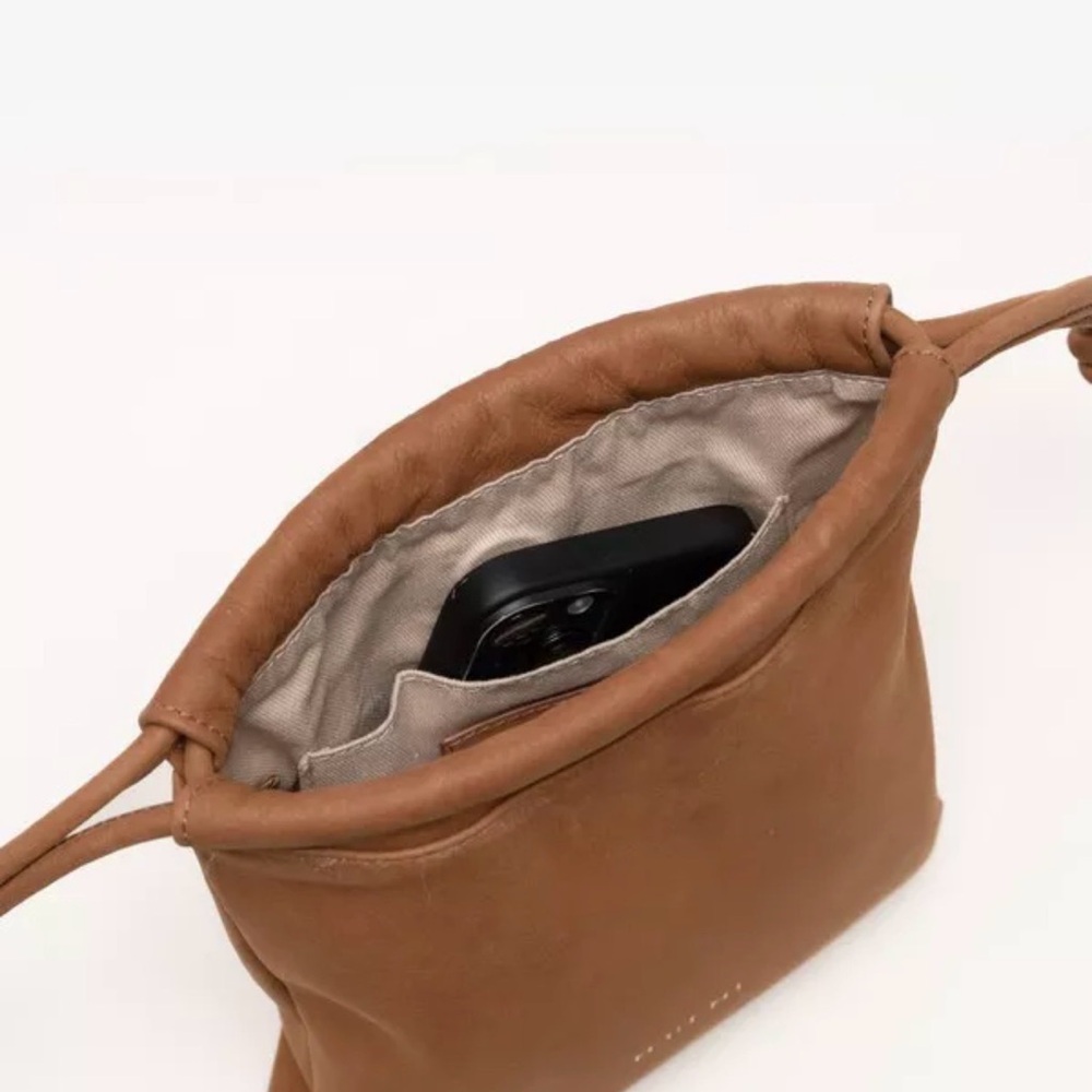M.Gemi Tan Brown Suede Leather Drawstring Crossbody Bucket Bag Pouch